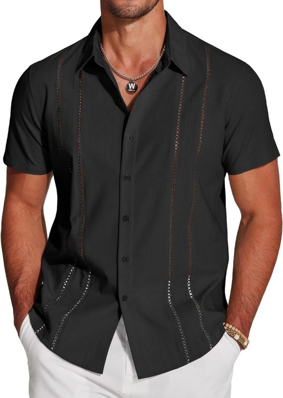 Men's Cuban Guayabera Shirt Short Sleeve Button Down Shirts Casual Summer Beach Linen Shirts