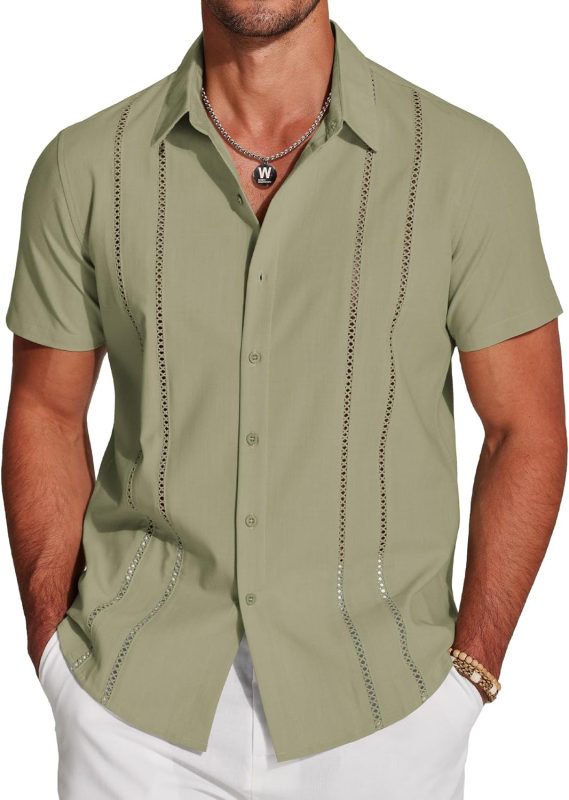 Men's Cuban Guayabera Shirt Short Sleeve Button Down Shirts Casual Summer Beach Linen Shirts